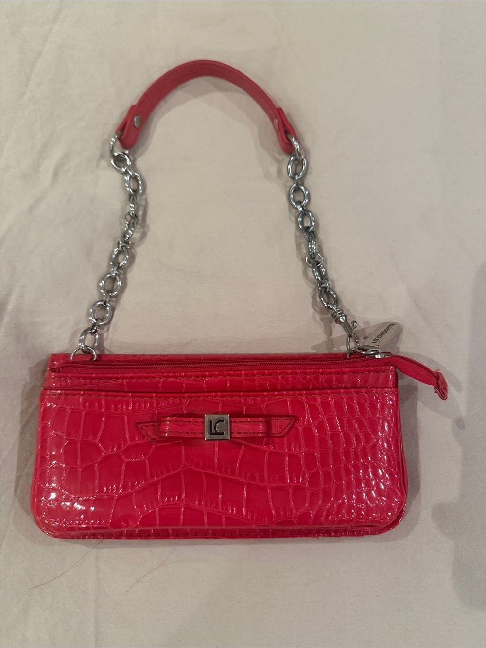 LC Liz Claiborne Coral Pink Croc-Embossed Chain Strap Bag